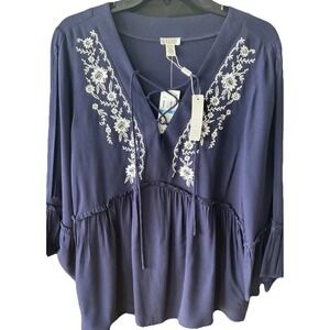 New Spence Embroidered Baby Doll Peasant Top XL Navy Open Sleeve Lace Up Boho